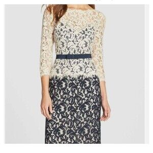 Tadashi Shoji Amberly Belted 3/4 Sleeve Lace Gown Navy-Ivory 8 party wedding